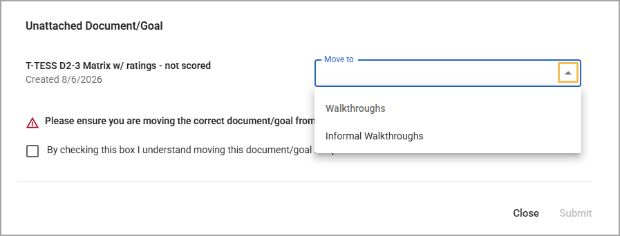 Document management interface showing a drop-down menu where users can select which process step to move the document to.